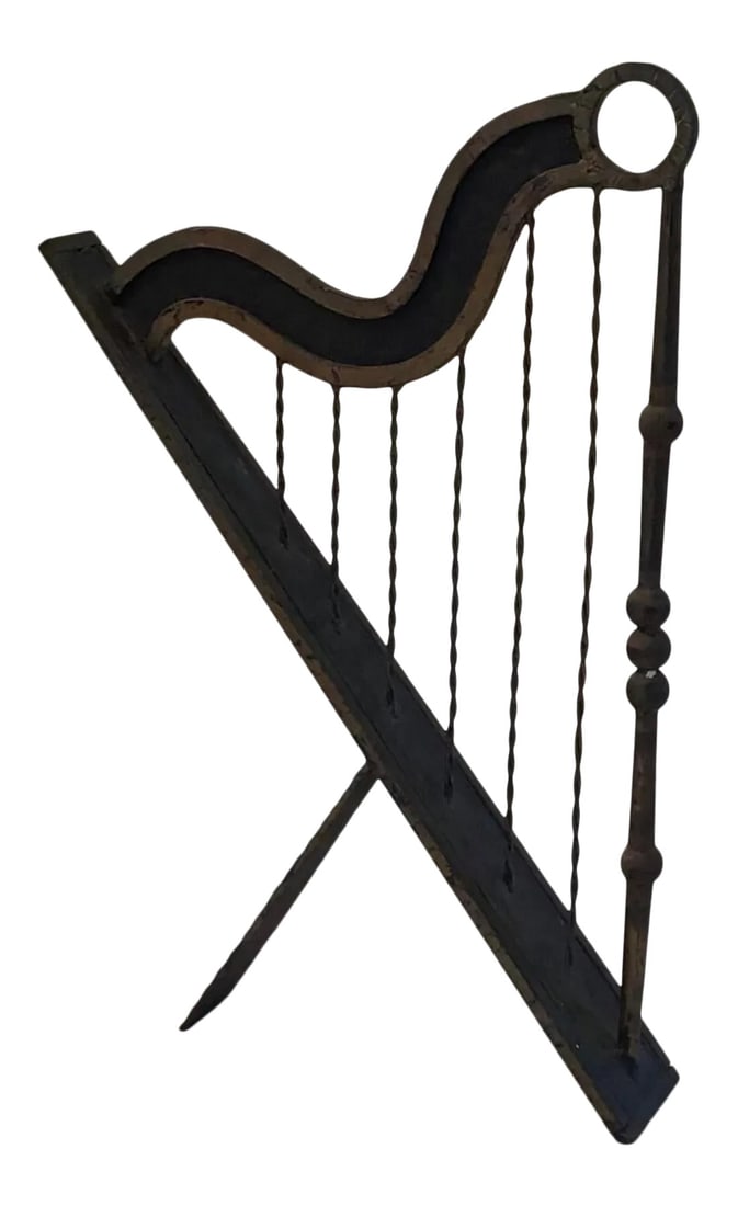 Antique Art Deco Musical Harp Wrought Iron Freestanding Sculpture: One-of-a-kind artist made sculpture in a form of a musical harp with applications. Free standing, hand hammered iron with gold gilding. Very heavy and sturdy piece weighing 17 pounds. Condition: Alter