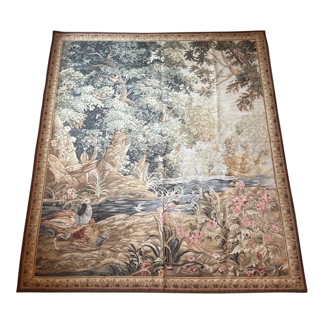 Beautiful Vintage Large Wool Tapestry Made for Ethan Allen: This is a lovely very large vintage wool tapestry by Ethan Allen. It depicts a creek surrounded by trees and foliage with pheasants and beautiful pink flowers along the shore. There is a rod pocket se