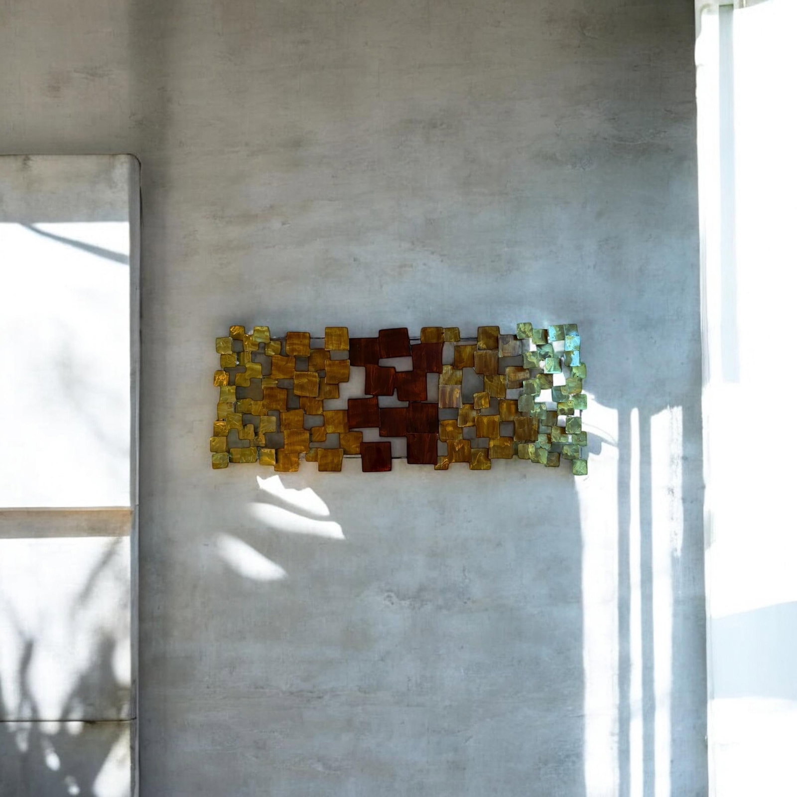 Mid 20th Century Curtis Jere Style Brutalist Geometric Metal Wall Sculpture Gold Maroon - 11