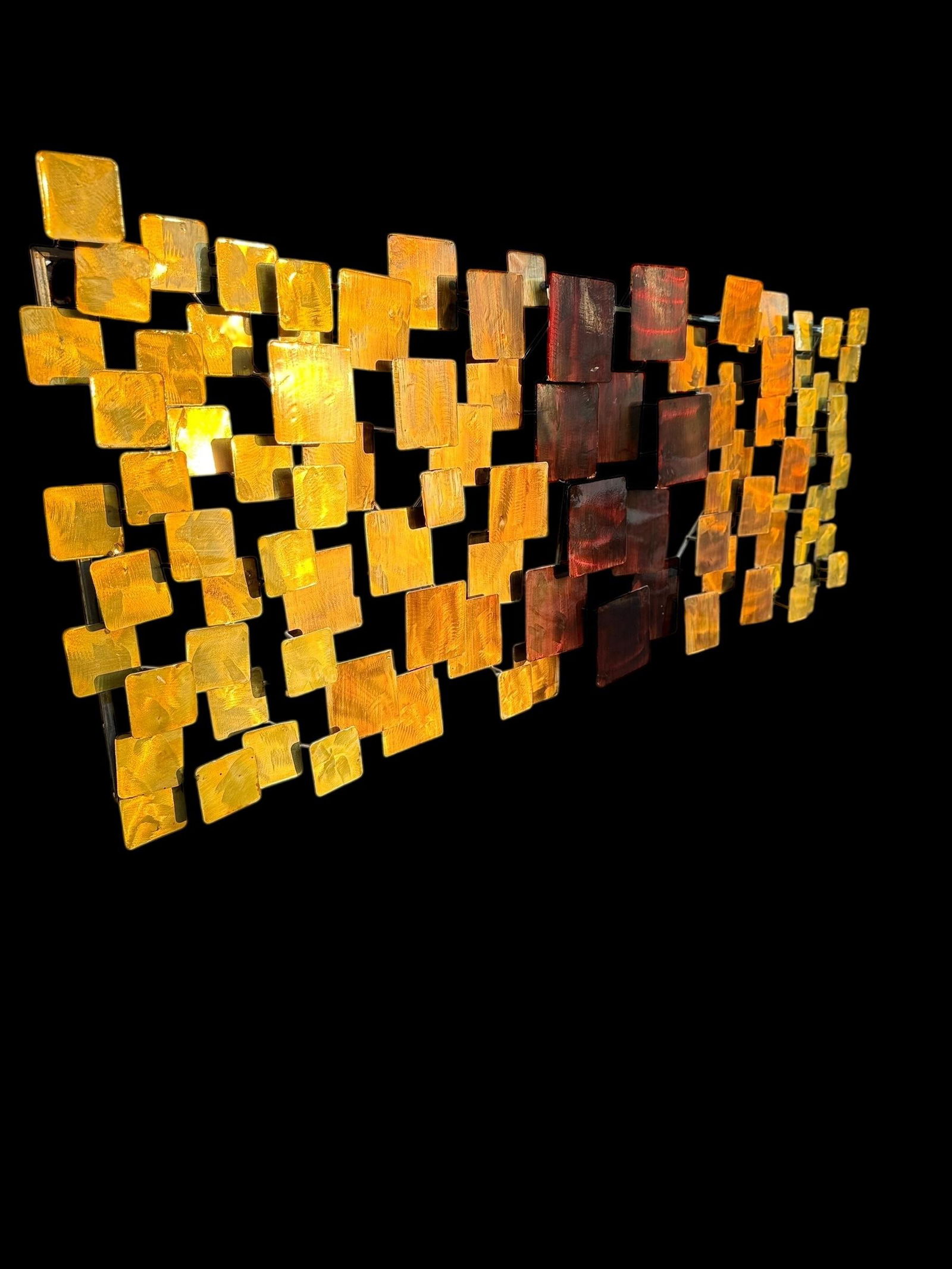 Mid 20th Century Curtis Jere Style Brutalist Geometric Metal Wall Sculpture Gold Maroon - 5