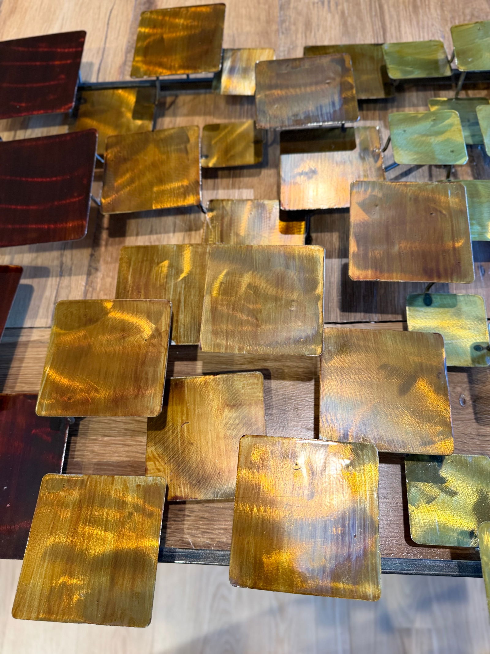 Mid 20th Century Curtis Jere Style Brutalist Geometric Metal Wall Sculpture Gold Maroon - 8