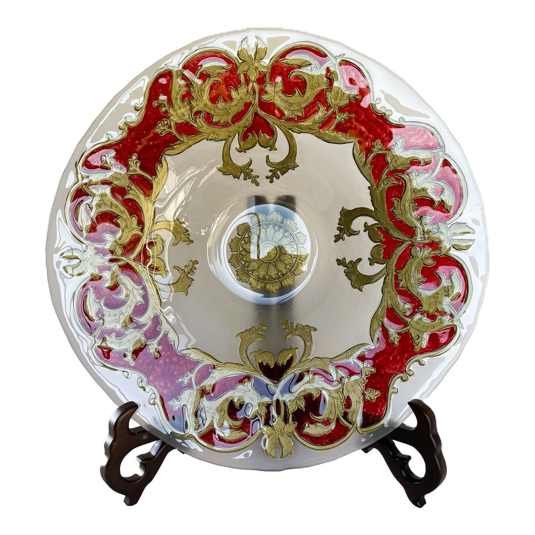 Murano Ruby-Red & Gold Decorated, Hand-Painted Glass, Extra Large Display / Serving Plate: Bring dramatic Venetian elegance to your home with this extraordinary handmade Murano glass plate"”an impressive statement piece crafted on a grand and luxurious scale. The plate features a