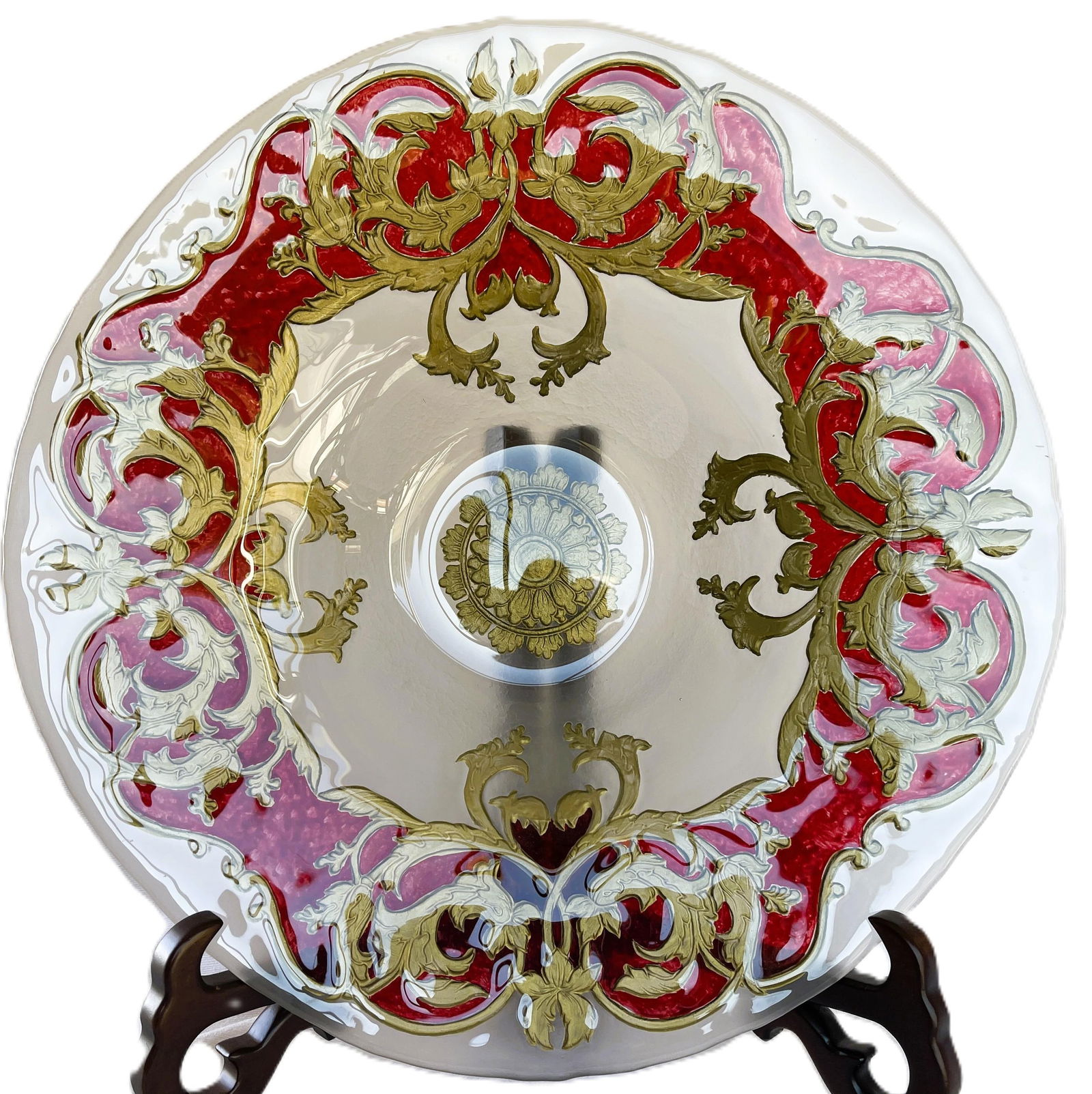 Murano Ruby-Red & Gold Decorated, Hand-Painted Glass, Extra Large Display / Serving Plate - 2