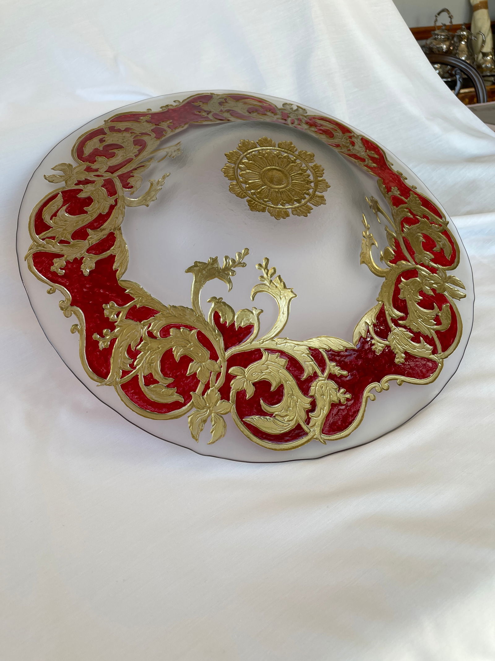 Murano Ruby-Red & Gold Decorated, Hand-Painted Glass, Extra Large Display / Serving Plate - 5