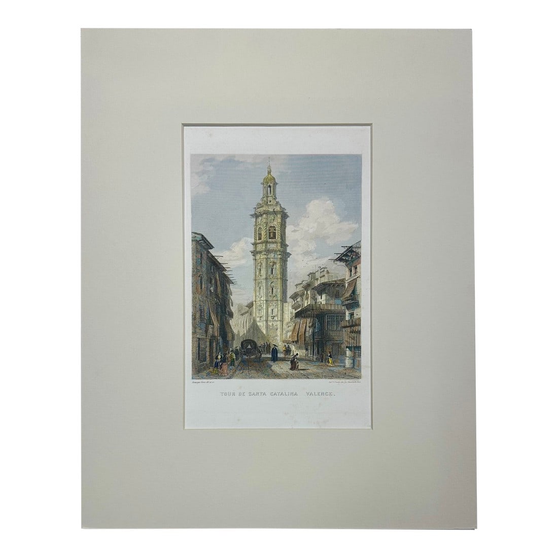 Church of Santa Catalina, Valencia, Spain Original Engraving, Circa 1851: Original hand colored steel engraving of Valencia Spain, featuring the Church & Bell tower of Santa Catalina by Rouargue, 1851. Unframed. Dimensions: 11 x 14" Please note: If you purchase multiple ite