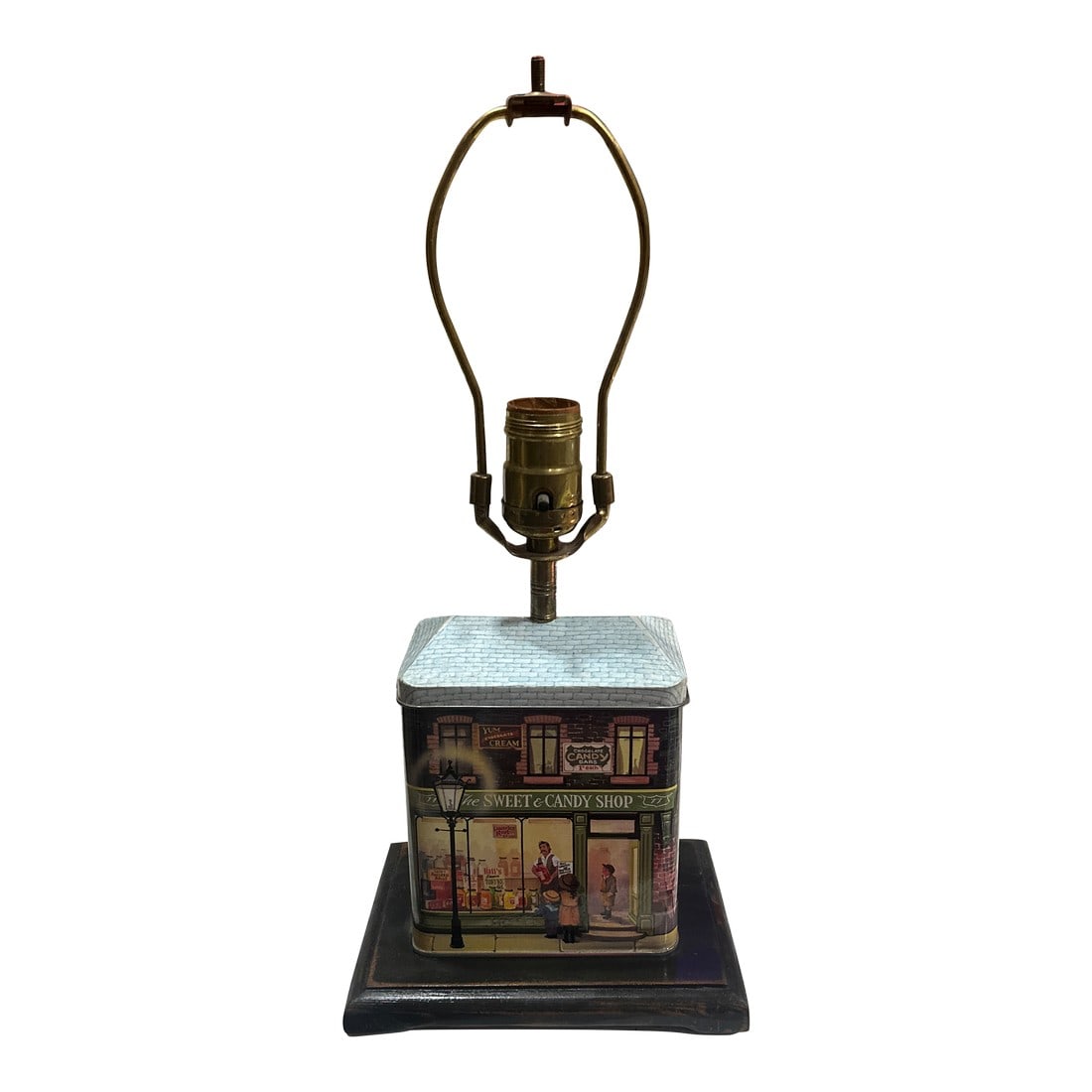 Vintage Small Tin Candy Shop Table Lamp: Up for consideration is a beautiful vintage small candy shop tin lamp. This is such a lovely piece that would look perfect in your home, and it is a great conversation starter for your guests. This is