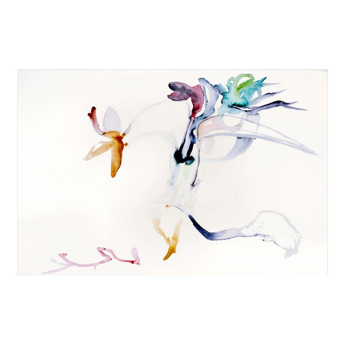 With Me, Watercolor on Paper, Ivory Field, Shades of Dusty Turquoise, Grey Lavender, Emerald Green: WITH ME. In flight, on solid ground, through bustling streets, along nature's path, breathe the sweet fragrances , taking it all in, come with me on roads less travelled. WITH ME, a watercolor on pape