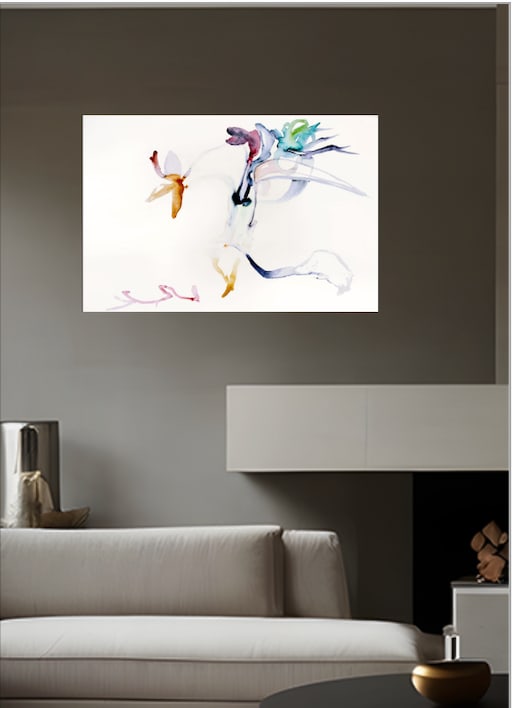 With Me, Watercolor on Paper, Ivory Field, Shades of Dusty Turquoise, Grey Lavender, Emerald Green - 5