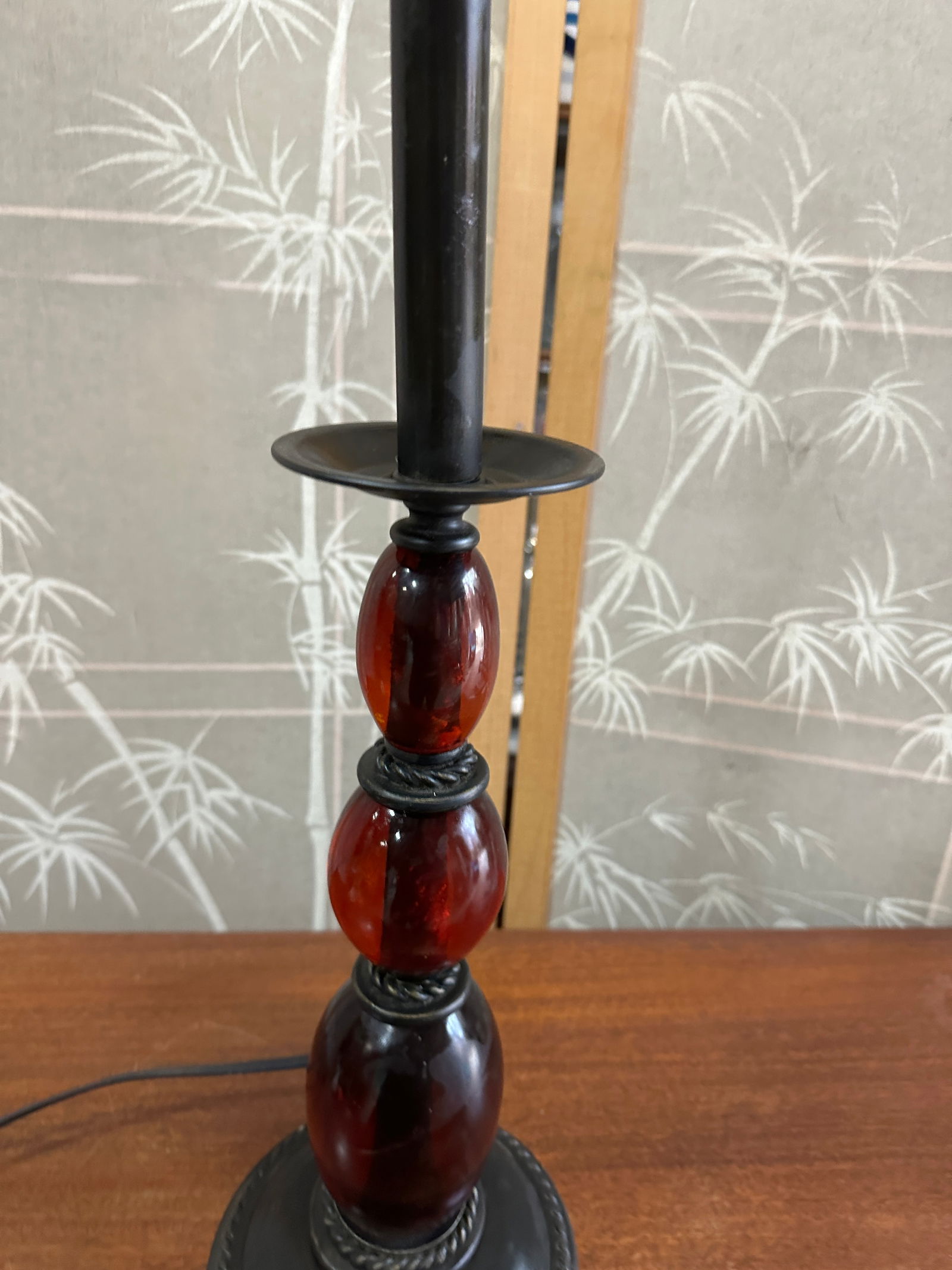 1970s Modern Amber Colored Glass Black Metal Table Lamp - 2