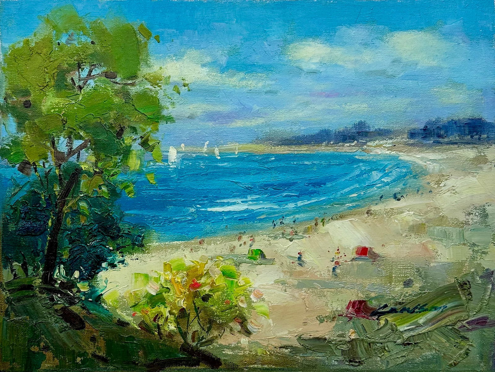 Beach Coastal Scene Sailboats Oil Painting on Canvas, Unstretched, by Lambdom - 2