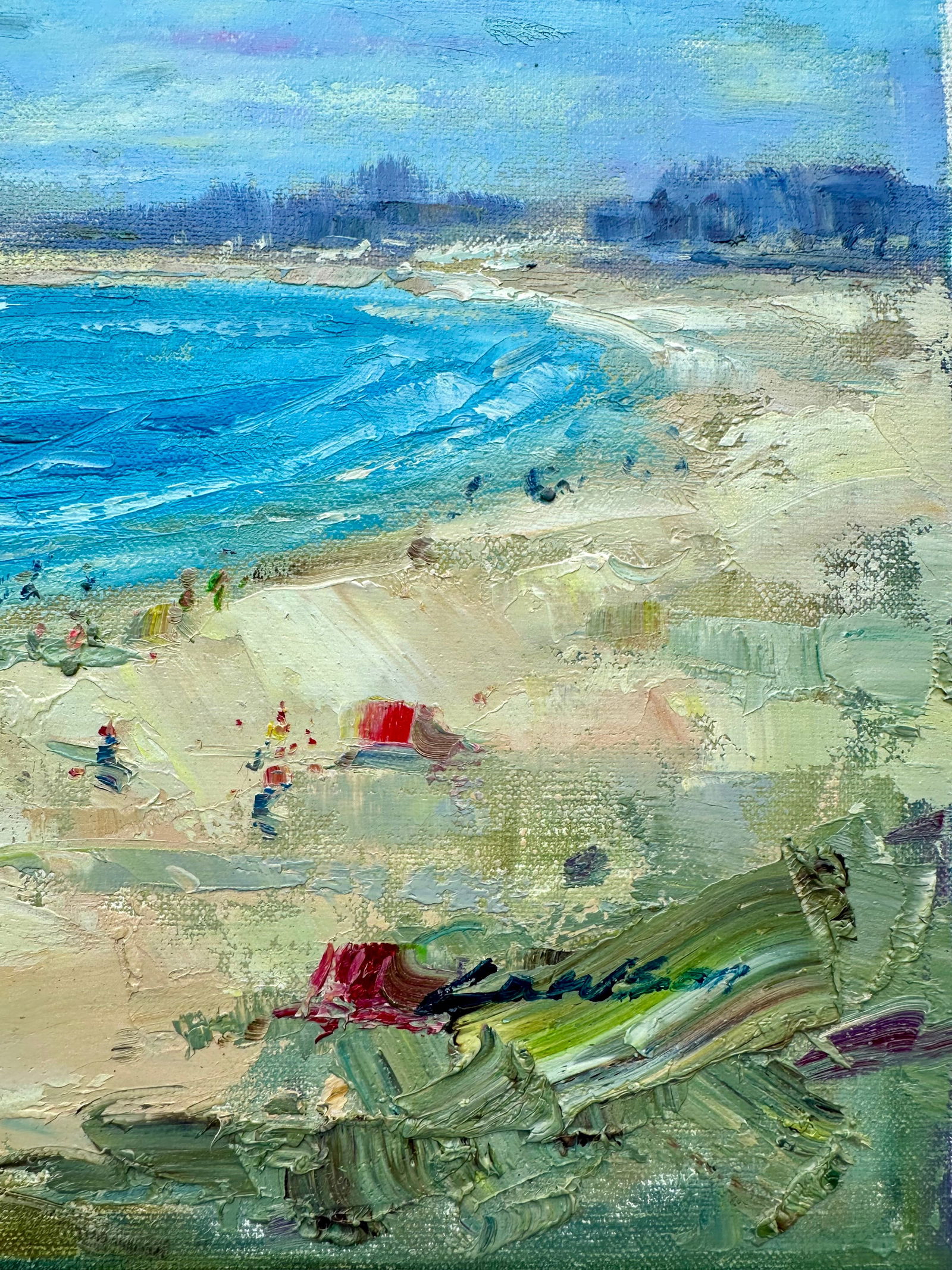 Beach Coastal Scene Sailboats Oil Painting on Canvas, Unstretched, by Lambdom - 3