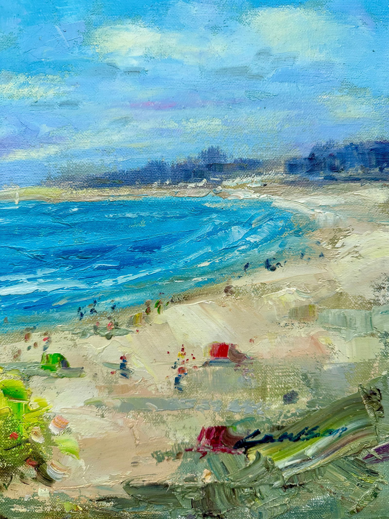 Beach Coastal Scene Sailboats Oil Painting on Canvas, Unstretched, by Lambdom - 4