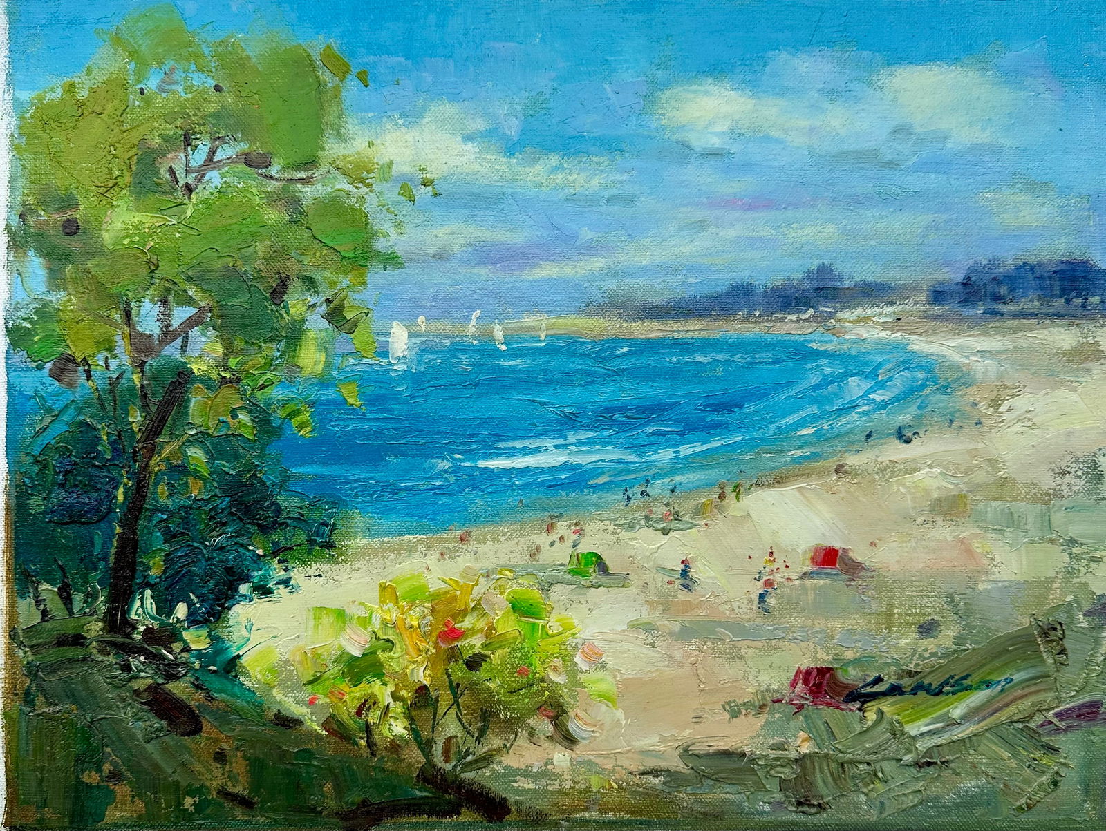 Beach Coastal Scene Sailboats Oil Painting on Canvas, Unstretched, by Lambdom - 5