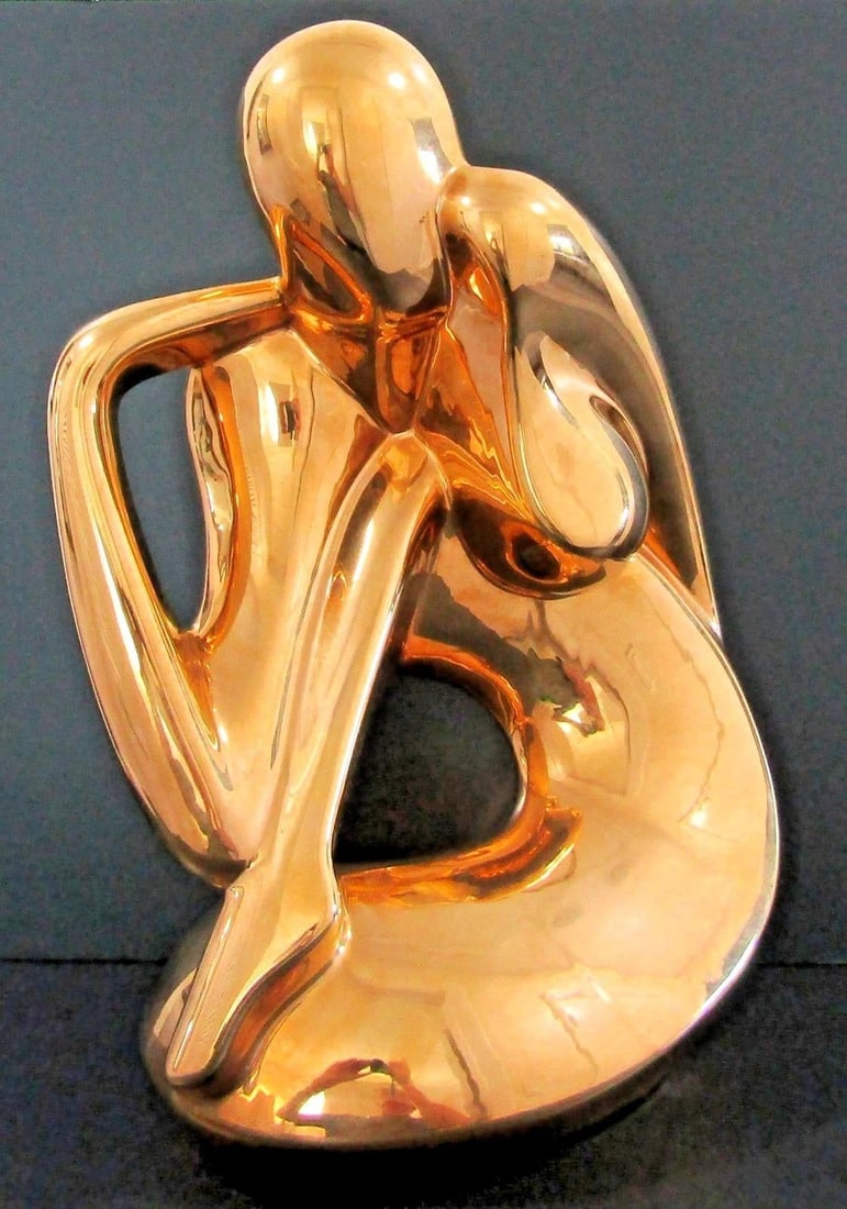 Rare Jaru 1970s 18k Gold Pottery Modernist Nude Woman Dancer Sculpture Signed 18.5" Tall - 2
