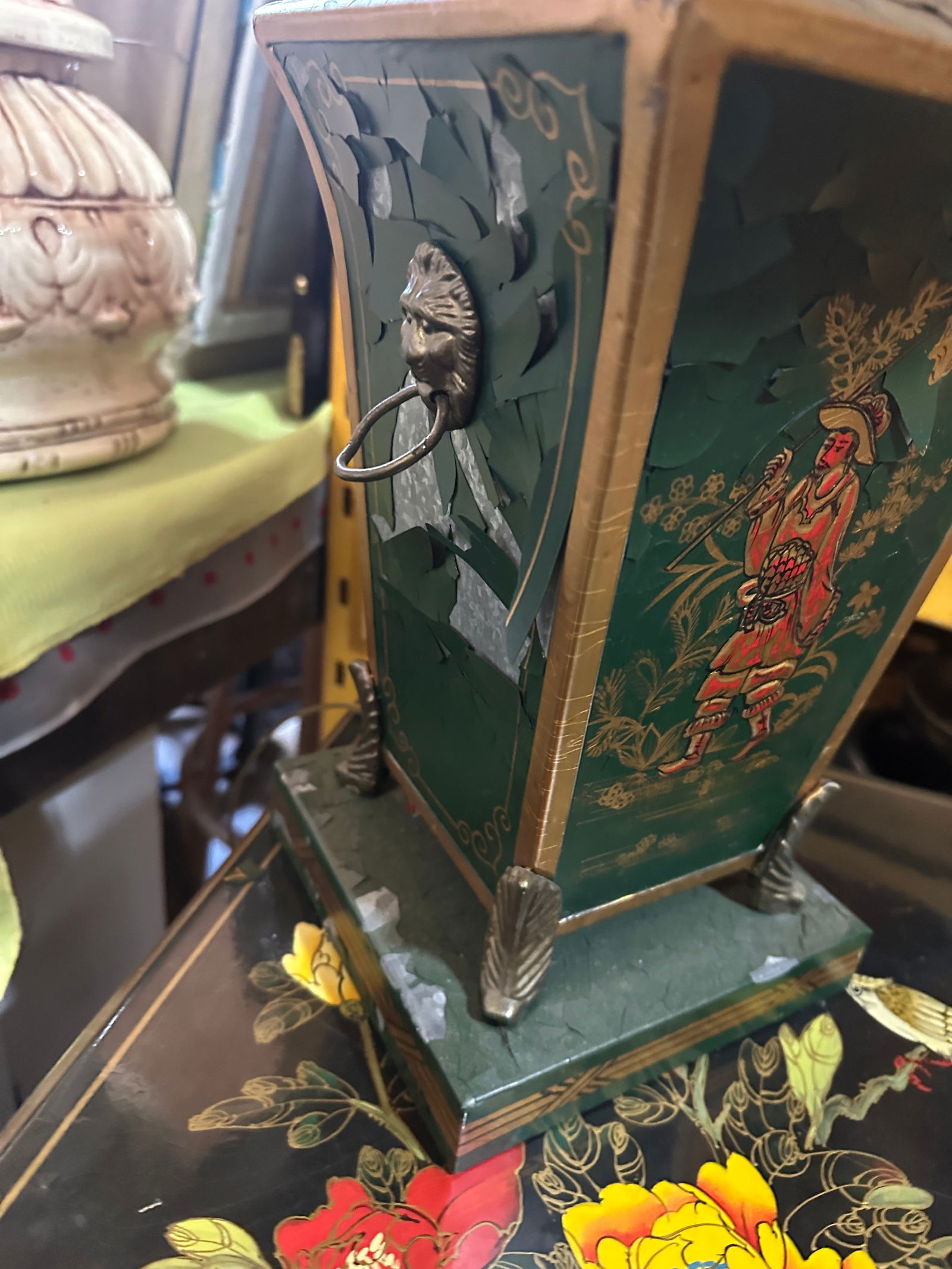 Vintage Asian Green Metal Lamp With Red Figure Accents- Condition Issues - 4