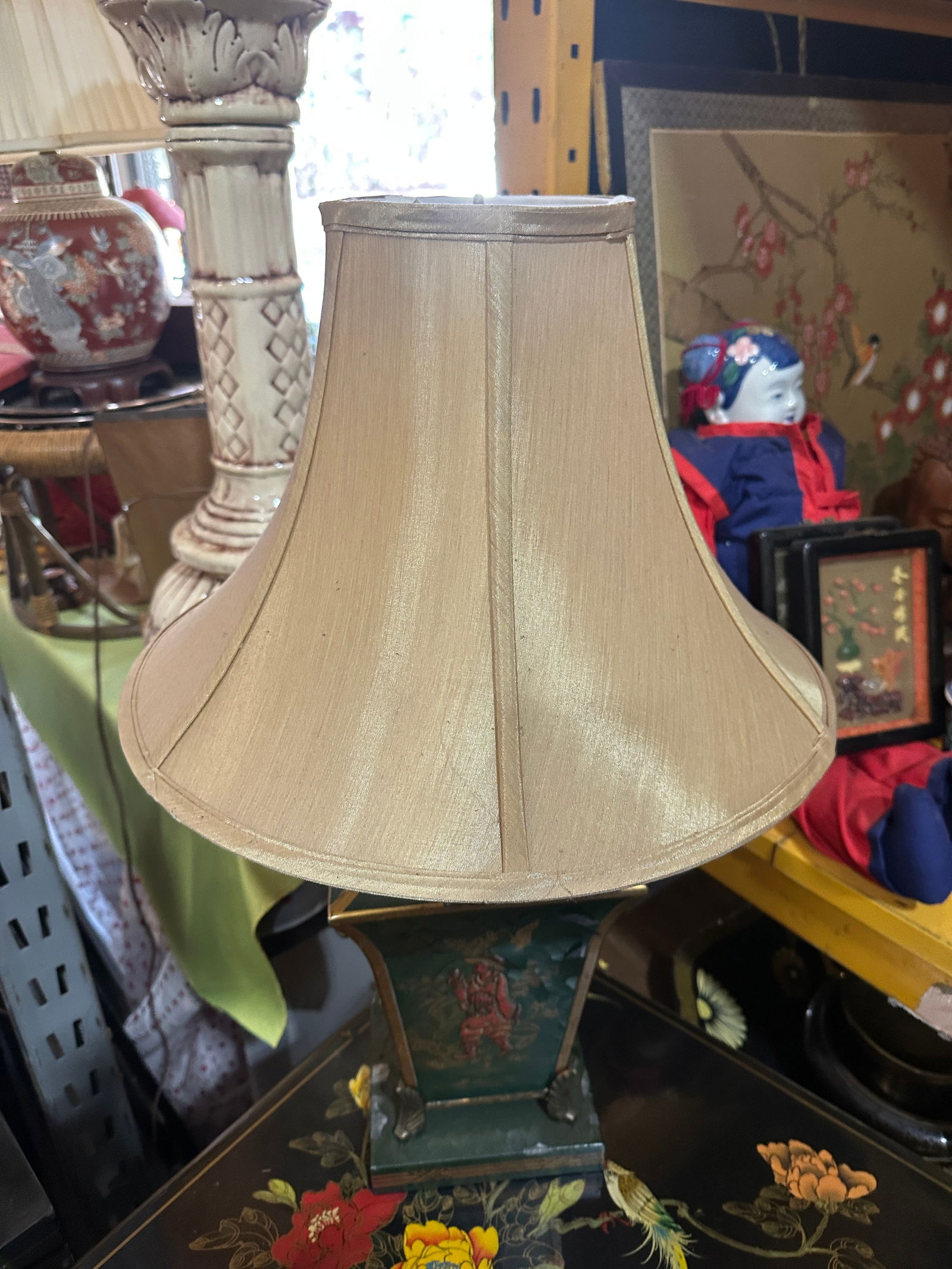 Vintage Asian Green Metal Lamp With Red Figure Accents- Condition Issues - 5