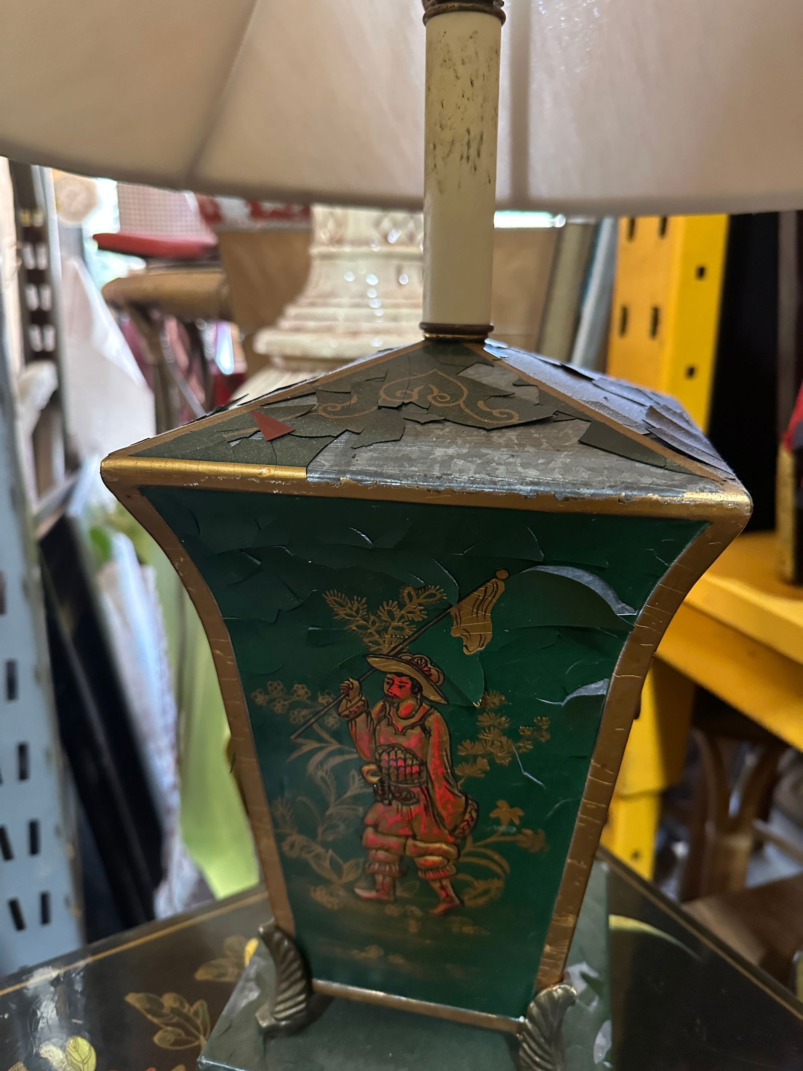 Vintage Asian Green Metal Lamp With Red Figure Accents- Condition Issues - 6