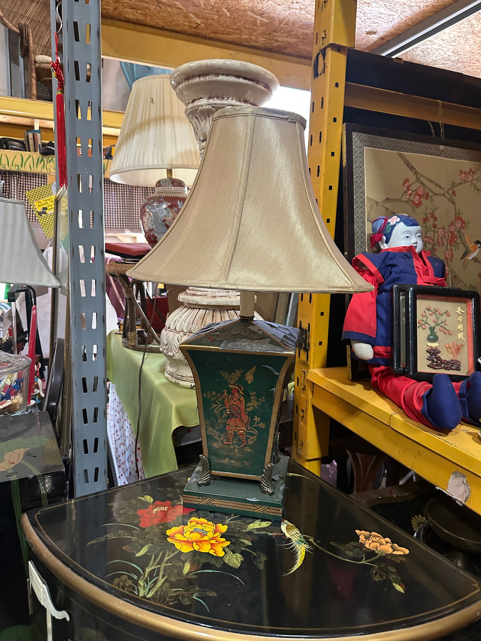 Vintage Asian Green Metal Lamp With Red Figure Accents- Condition Issues - 8