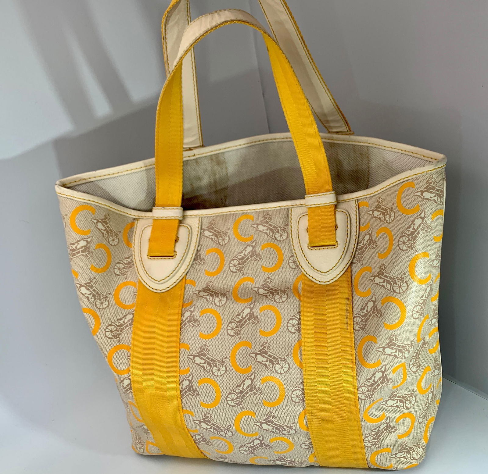 Pre-Loved Celine Yellow Beige Canvas Coated PVC Plastic Macadam Tote Bag - 7