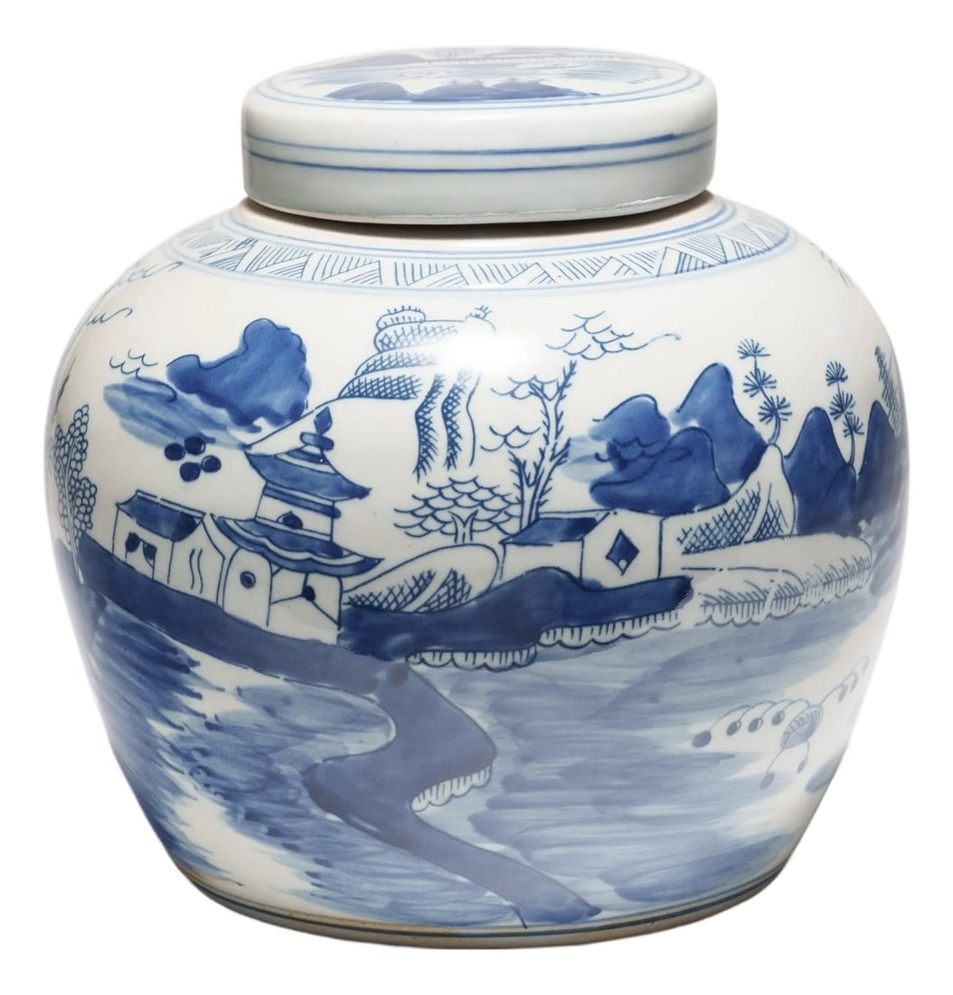 Blue & White Shan Shui Ginger Jar: This round, porcelain ginger jar is brightly glazed in the blue-and-white manner. A combination of stenciled linework and hand-brushed shading, the jar is decorated with mountain-and-water scenery, a