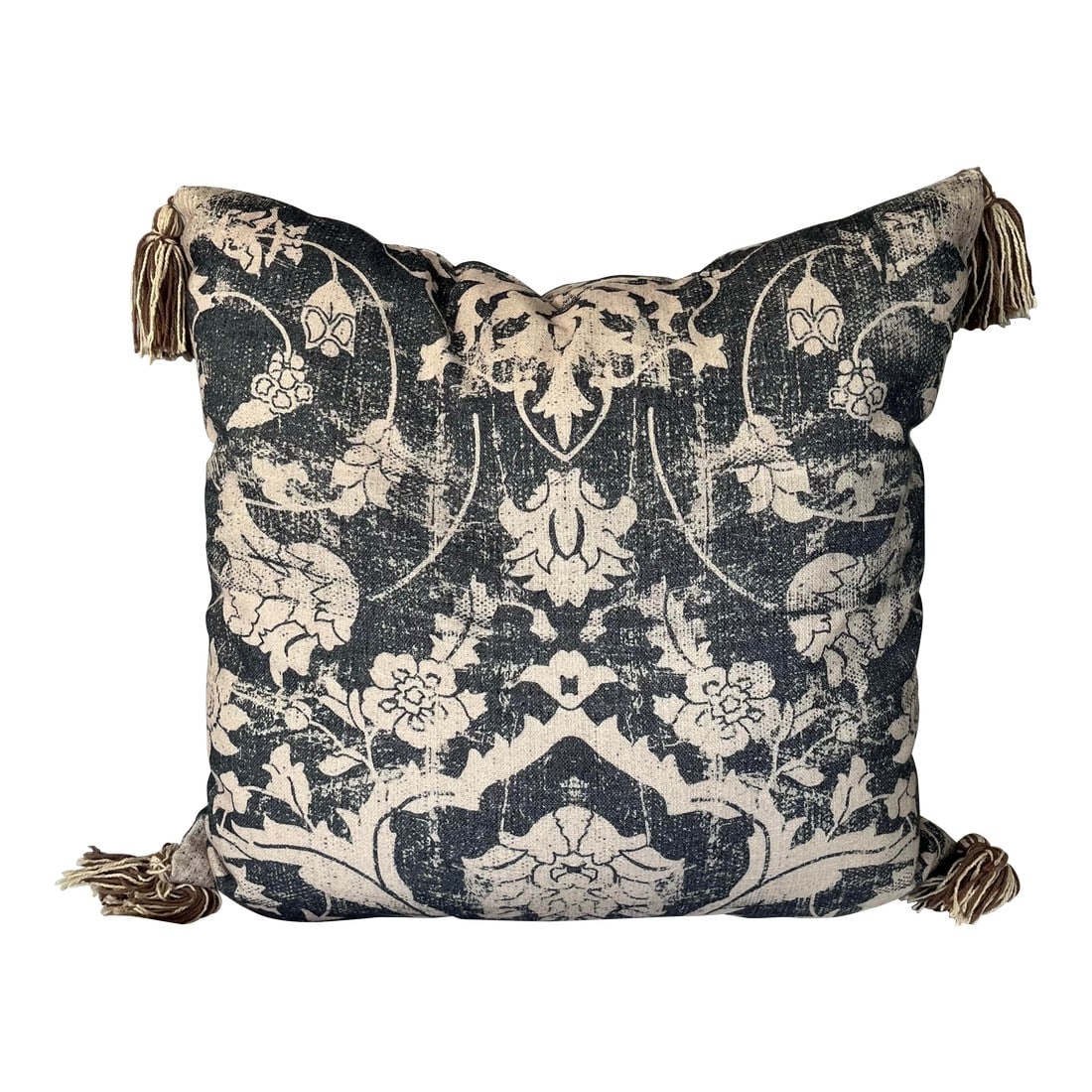 Blue and Off-White Decorative Tasseled Throw Pillow With Distressed Damask Pattern: This decorative throw pillow blends contemporary ease with traditional elegance, featuring a softly distressed damask pattern in off-white and navy blue. Its opposite side shows a beautiful