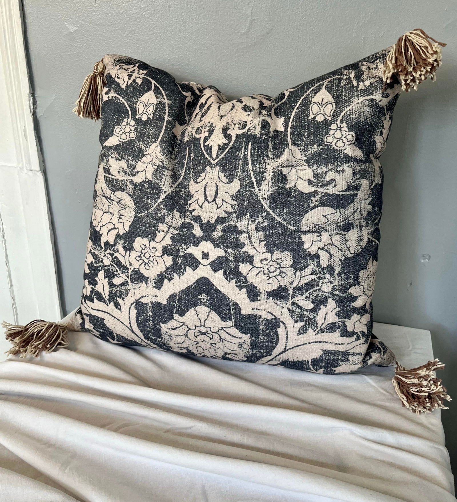 Blue and Off-White Decorative Tasseled Throw Pillow With Distressed Damask Pattern - 2
