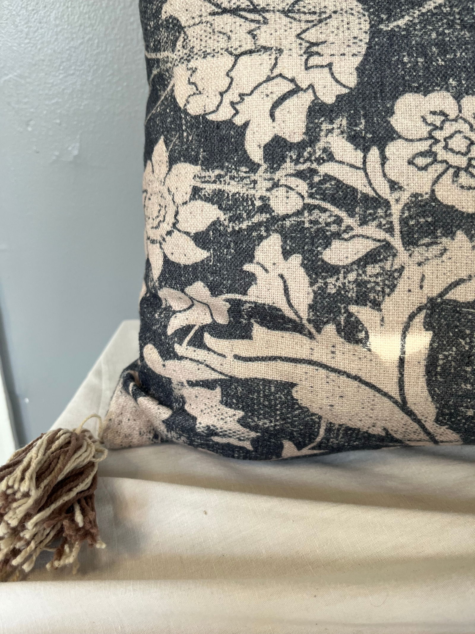 Blue and Off-White Decorative Tasseled Throw Pillow With Distressed Damask Pattern - 4