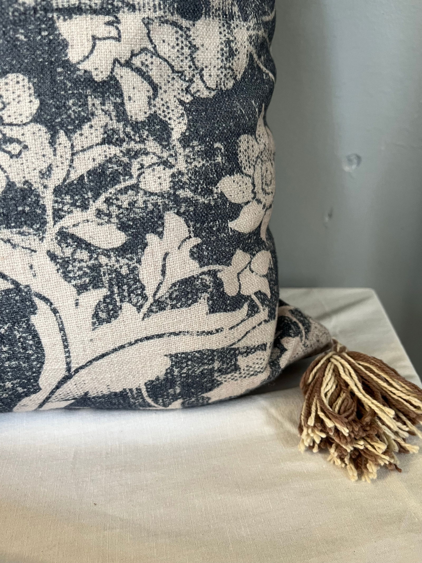 Blue and Off-White Decorative Tasseled Throw Pillow With Distressed Damask Pattern - 5