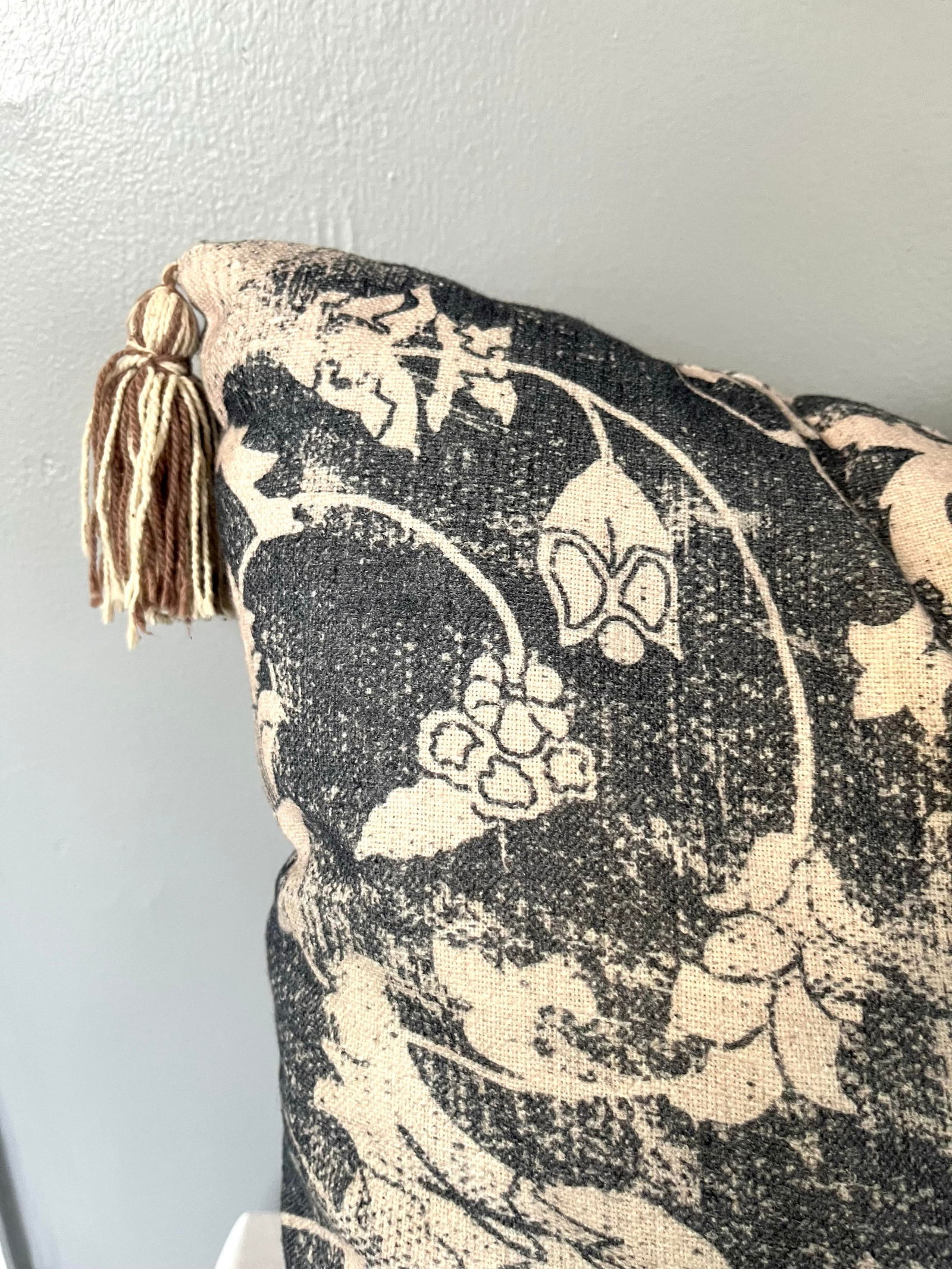 Blue and Off-White Decorative Tasseled Throw Pillow With Distressed Damask Pattern - 6