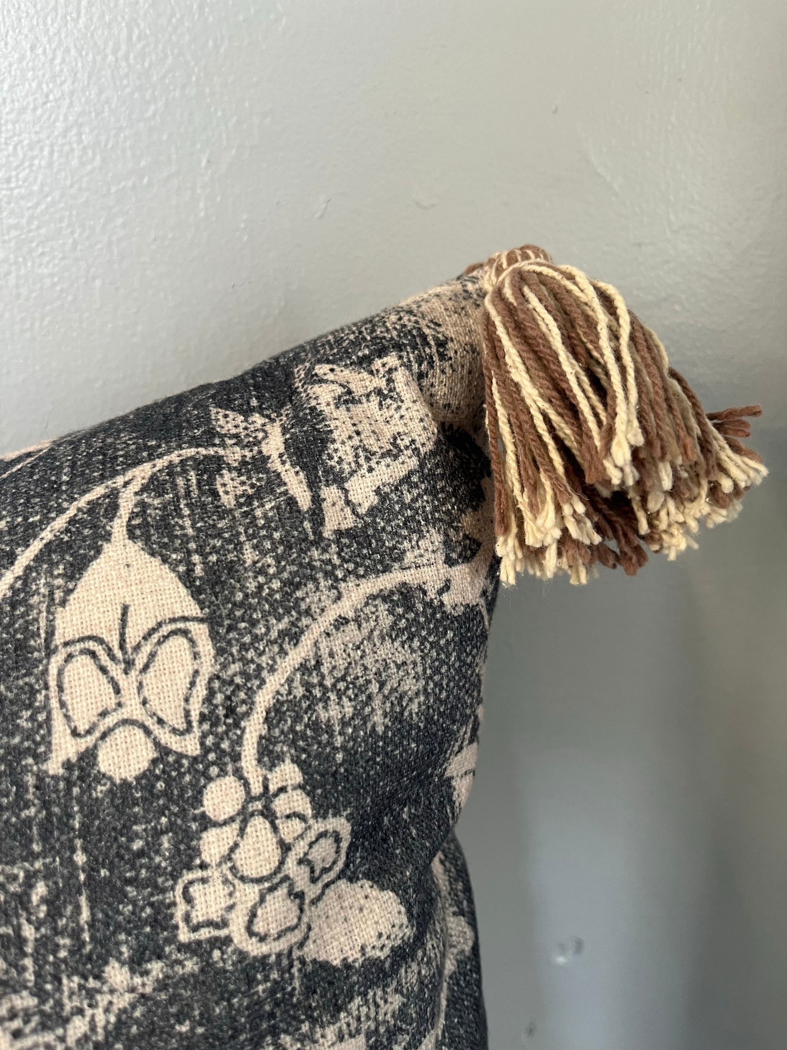 Blue and Off-White Decorative Tasseled Throw Pillow With Distressed Damask Pattern - 7