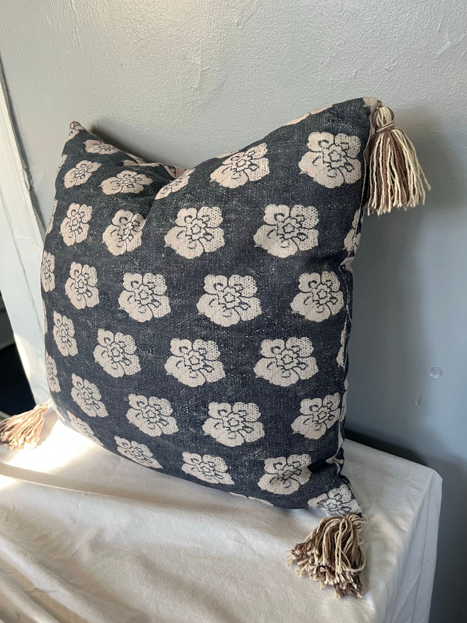 Blue and Off-White Decorative Tasseled Throw Pillow With Distressed Damask Pattern - 9