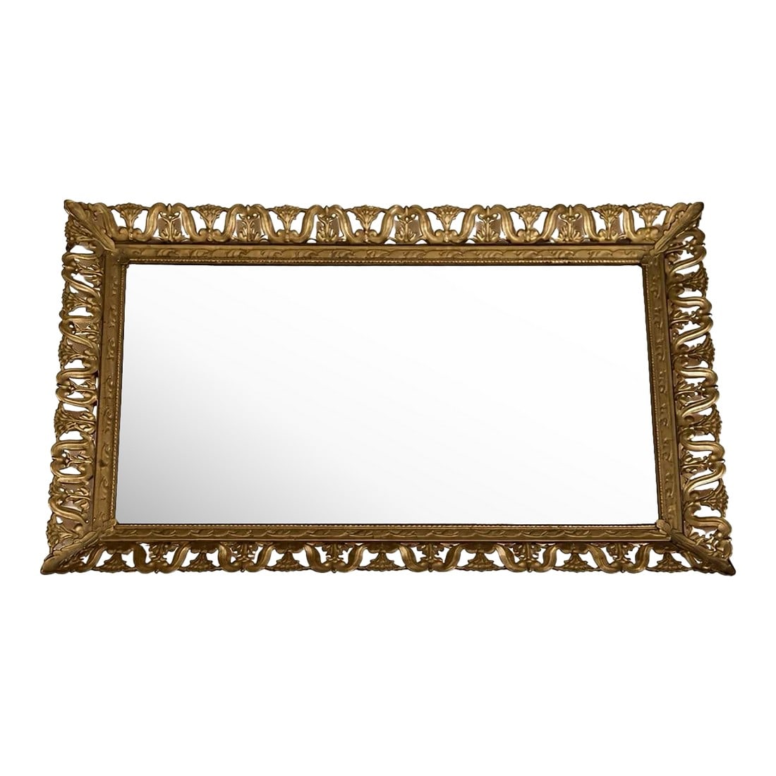 Brass Vanity Mirror Tray With Verdigris Patina, Neoclassical Foliate Design, Early 1900s: Antique openwork brass vanity mirror tray featuring a neoclassical foliate design. Retains an original aged brass surface with areas of natural verdigris patina. Condition: Alterations: Original