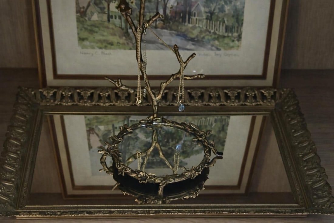 Brass Vanity Mirror Tray With Verdigris Patina, Neoclassical Foliate Design, Early 1900s - 2