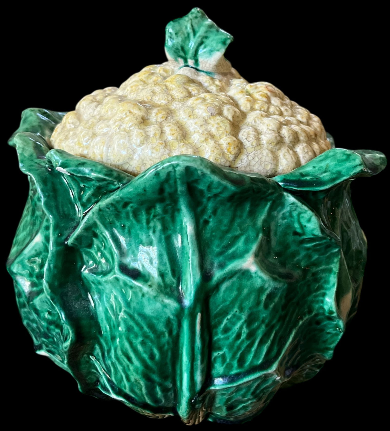 Antique French Cauliflower Cabbage Soup Tureen "” Majolica Ceramic Vegetable Form - 2