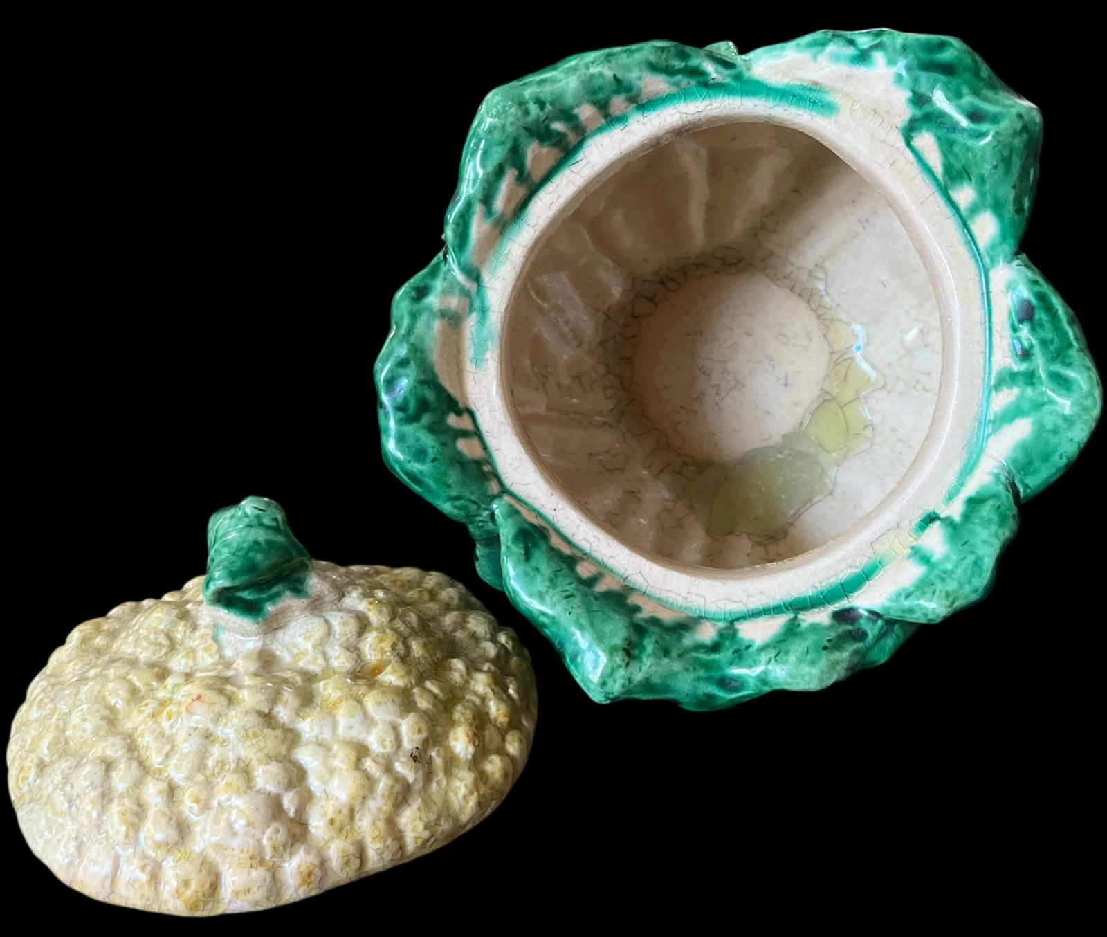 Antique French Cauliflower Cabbage Soup Tureen "” Majolica Ceramic Vegetable Form - 4