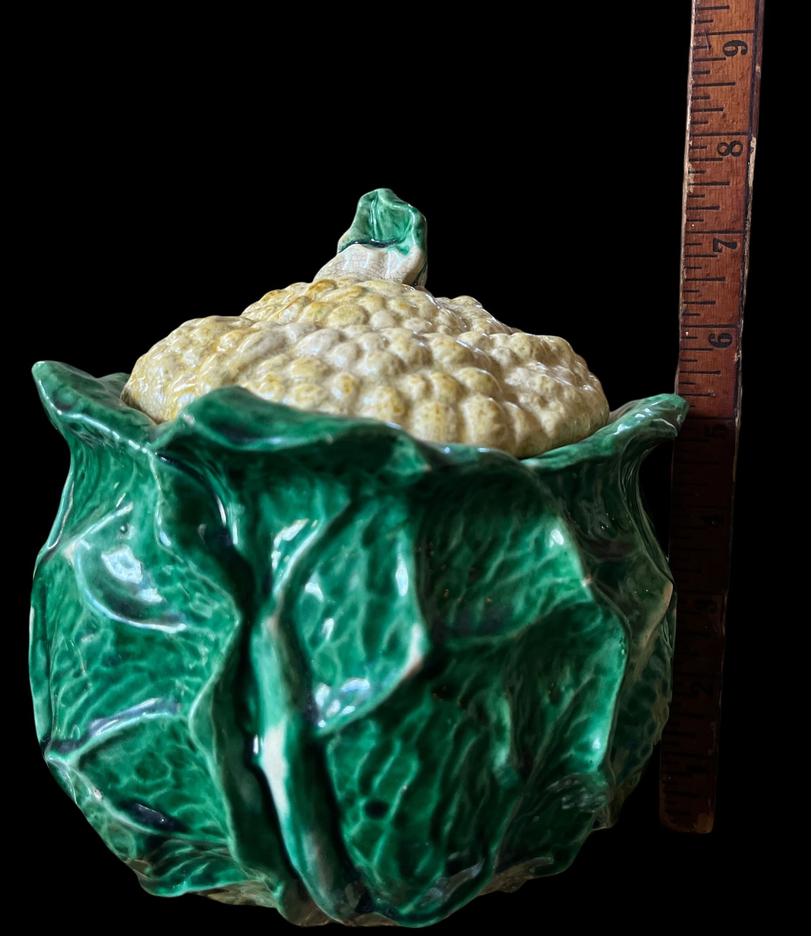 Antique French Cauliflower Cabbage Soup Tureen "” Majolica Ceramic Vegetable Form - 5
