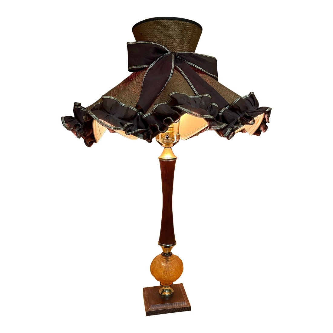 Vintage Fancy Wood and Glass Table Lamp: Wood with amber glass and gold accents Condition: Alterations: Original Condition Unaltered Imperfections: Some Imperfections Condition Notes: Very good condition Dimensions: Height: 26 in. Width: