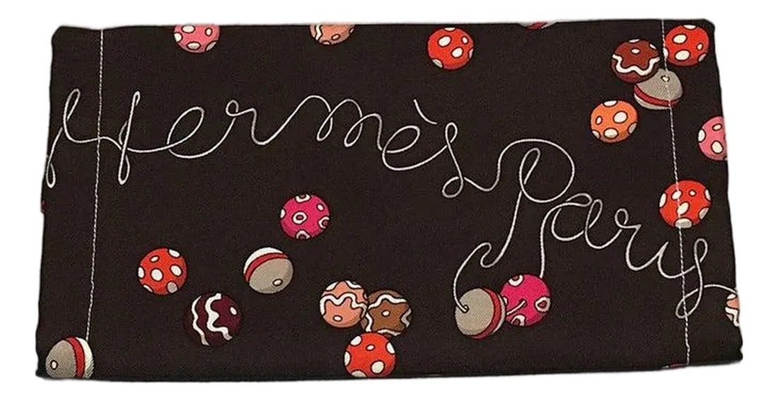 Handmade Hermes Dancing Pearls Silk Scarf Mask: Original silk screen Authentic Hermes scarf design c.2008 by Viginie Jamin features a beautiful strand of pearl design over a dark brown background. red, orange, maroon, grey, tan and white pearls