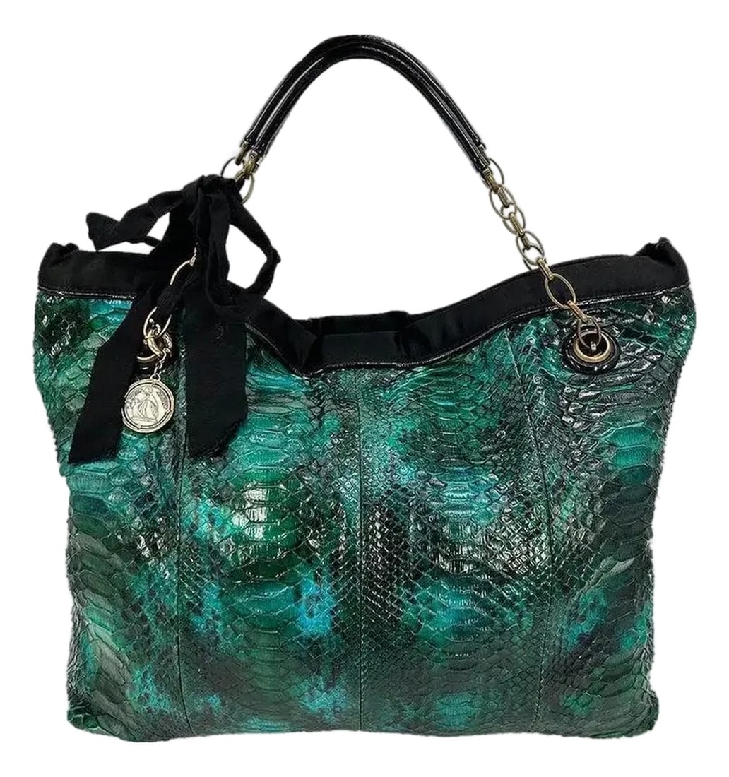 Lanvin Amalia Python Tote: Lanvin Amalia Python Tote in excellent condition. Teal green python exterior trimmed with black patent leather, black satin piping and bronze hardware. Signature silver coin charm detail with gold