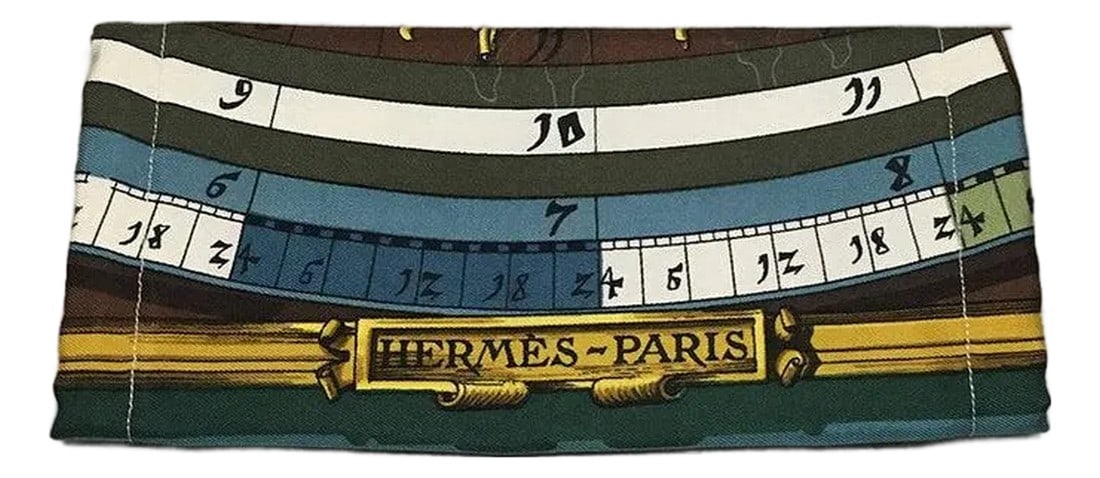 Handmade Hermes Vintage Dies et Hore Gemini Silk Scarf Face Mask: Original silk screen design c1963 by Francoise Faconnet features an astrology chart print in white, teals, blues, greens and gold with all the months, suns, moons, and astrological signs surrounding