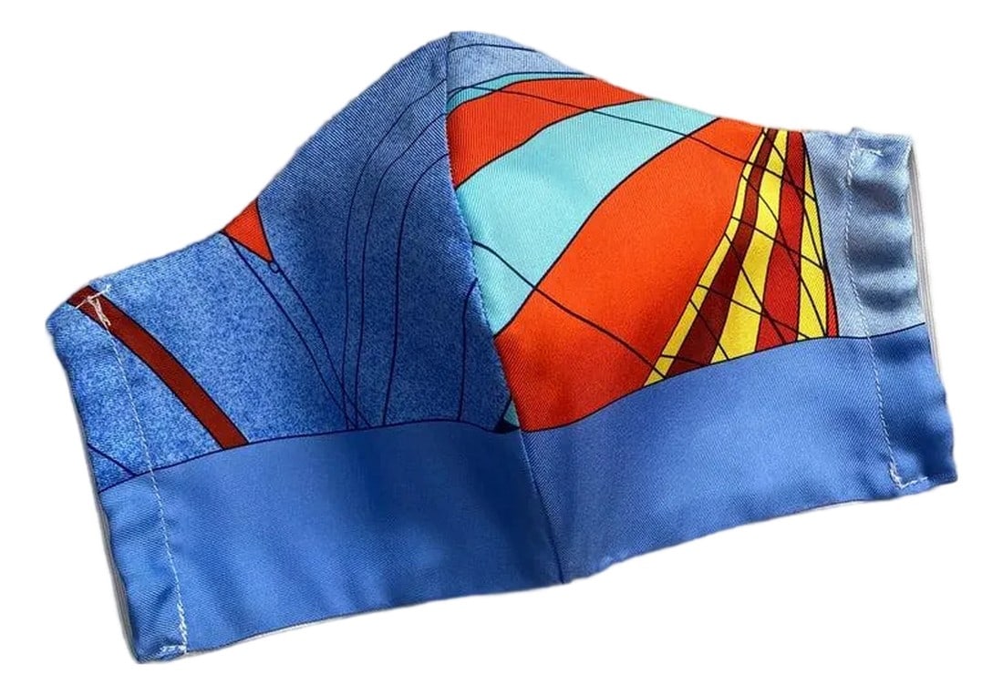 1980s Hermes Les Folies Du Ciel Silk Scarf Face Mask: Authentic Hermes Les Folies Du Ciel Silk Scarf reinvented into a face mask. Original silk screen scarf design c.1984 by LoÃ¯c Dubigeon features "the madness of the sky", an assortment of