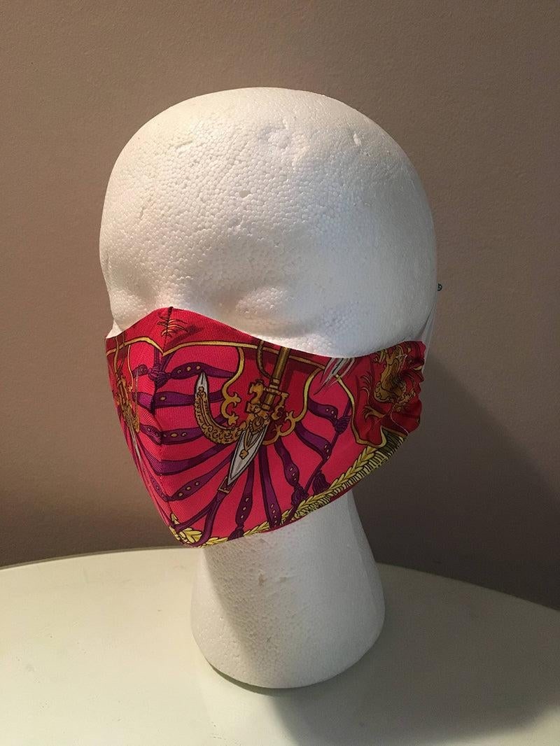 Handmade Vintage Hermes Caparacon de la France et de L'Inde Silk Scarf Face Mask - 10