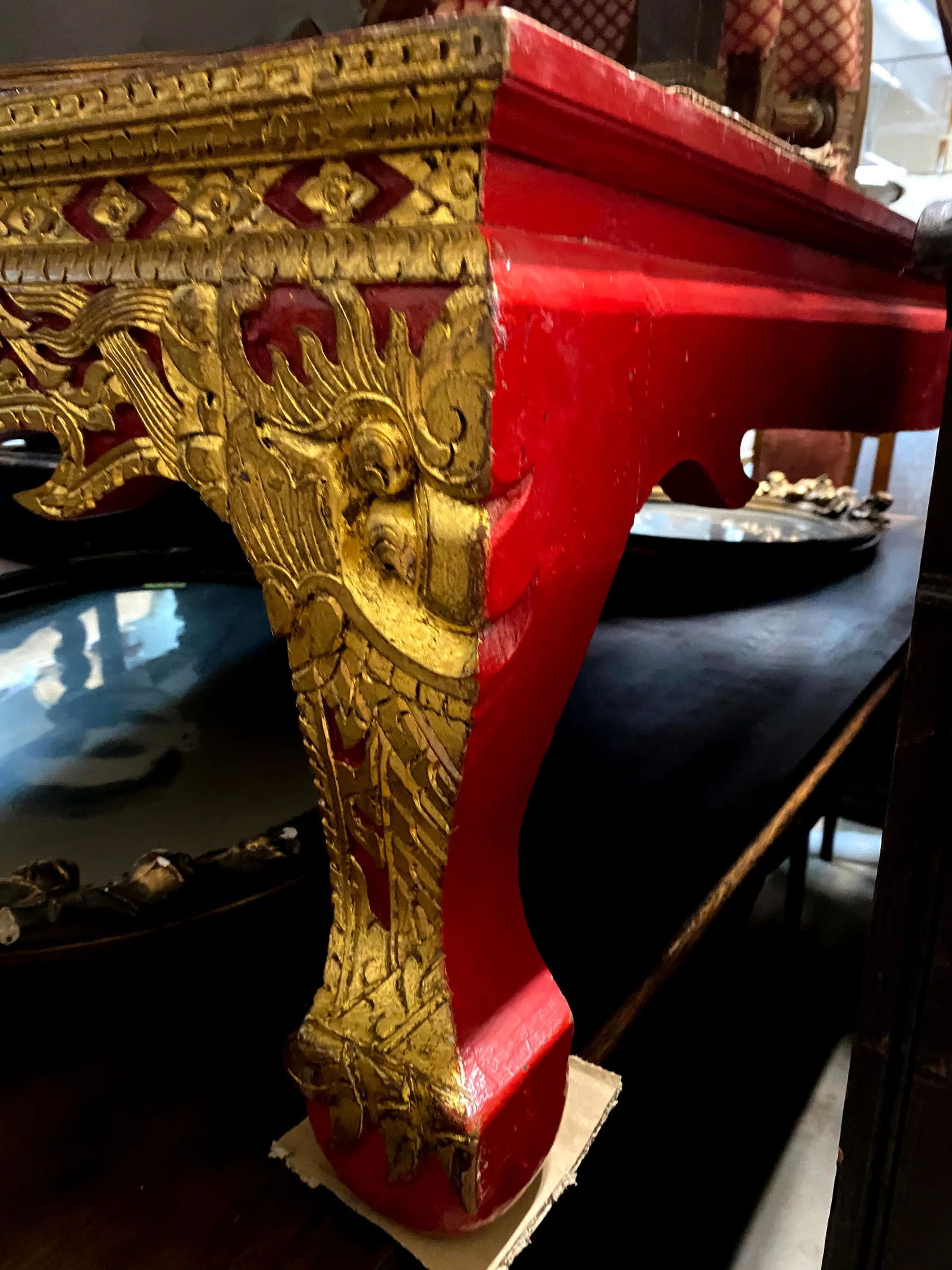 Vintage Thai Parcel Gilt and Red Lacquered Large Low Table - 10