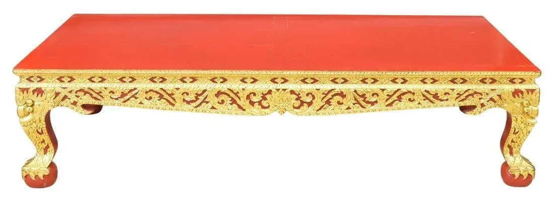 Vintage Thai Parcel Gilt and Red Lacquered Large Low Table - 2