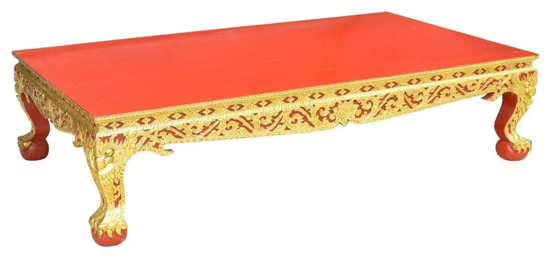Vintage Thai Parcel Gilt and Red Lacquered Large Low Table - 5