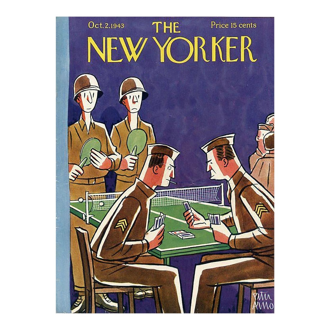 1943 Vintage New Yorker Cover, October 2, Peter Arno Illustration, Army, Card Game: Original vintage New Yorker magazine cover dated October 2, 1943 featuring an Army and Card Game theme. Based on an illustration by Peter Arno (1904-1968). This is an authentic New Yorker magazine