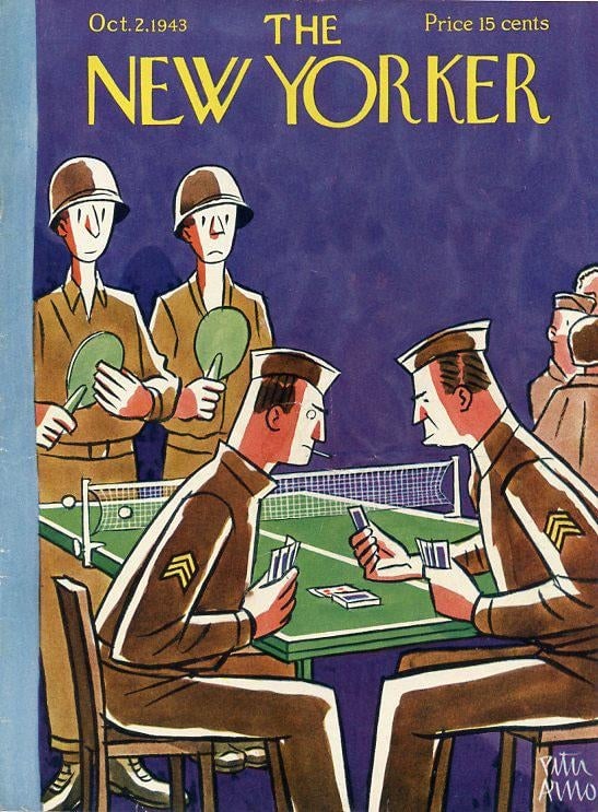 1943 Vintage New Yorker Cover, October 2, Peter Arno Illustration, Army, Card Game - 2