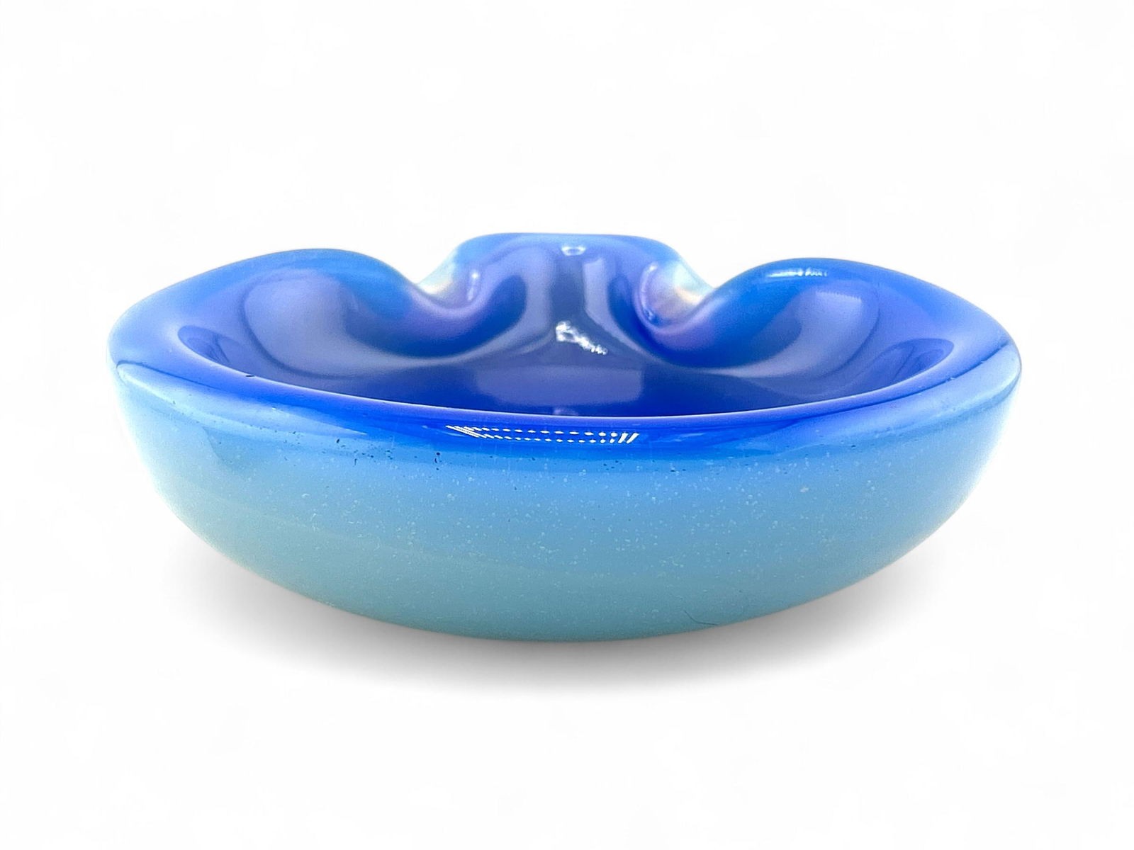 Vintage Italian Murano Opaline Blue & White Cased Pinch Glass Ashtray Catchall - 4