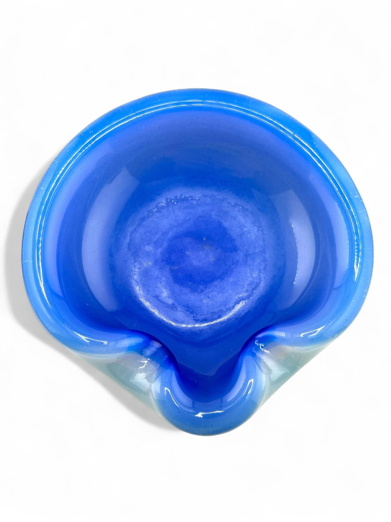 Vintage Italian Murano Opaline Blue & White Cased Pinch Glass Ashtray Catchall - 5