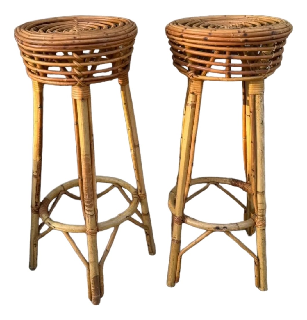 French Ratan Barstools, Pair (1 of 2)